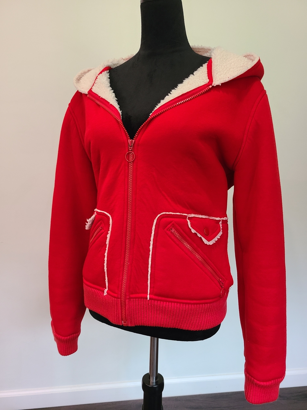 Vintage Y2k Red Sherpa-Lined Hooded Zip Jacket